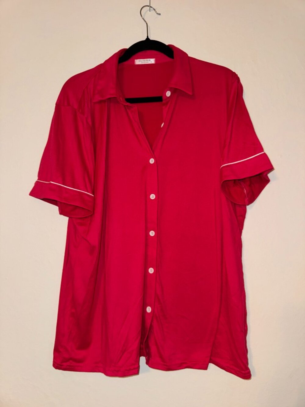 Pink Short Sleeve Pajama Set White Piping Trim Loungewear